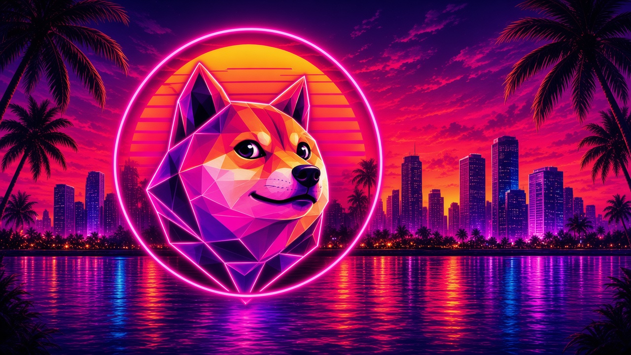 Neon Dacity Doge pass, the geometric doge in a pink ring over the city