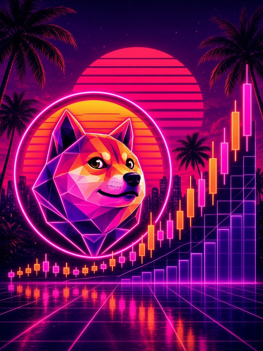 Dacity Doge beside a rising neon candlestick chart on a synthwave grid