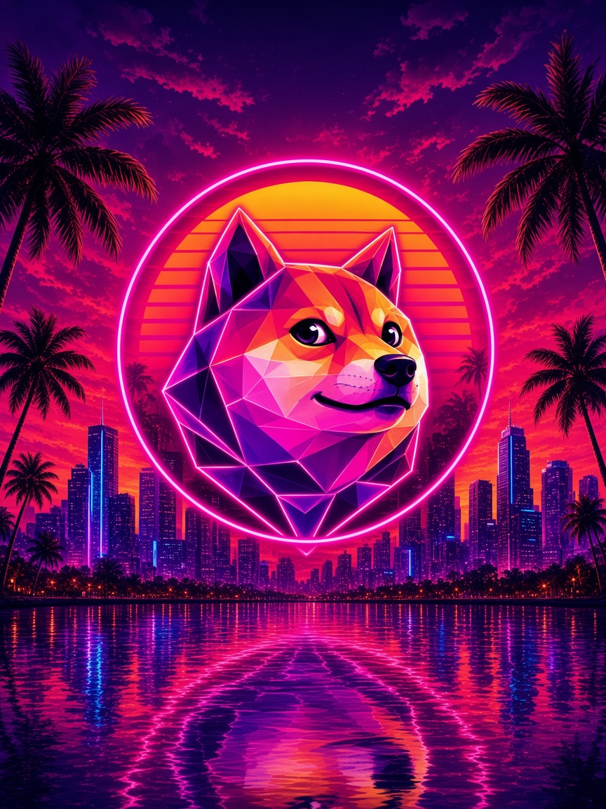 Dacity Doge over a neon skyline, palms, and reflective water